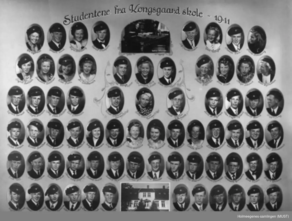 Studentene fra Kongsgaard skole - 1941. Russebilde bestående av  portretter av rektor, samt avgangselevene i russeluer. Foto av skolen nederst i midten. Fotografiet montert på kartong.