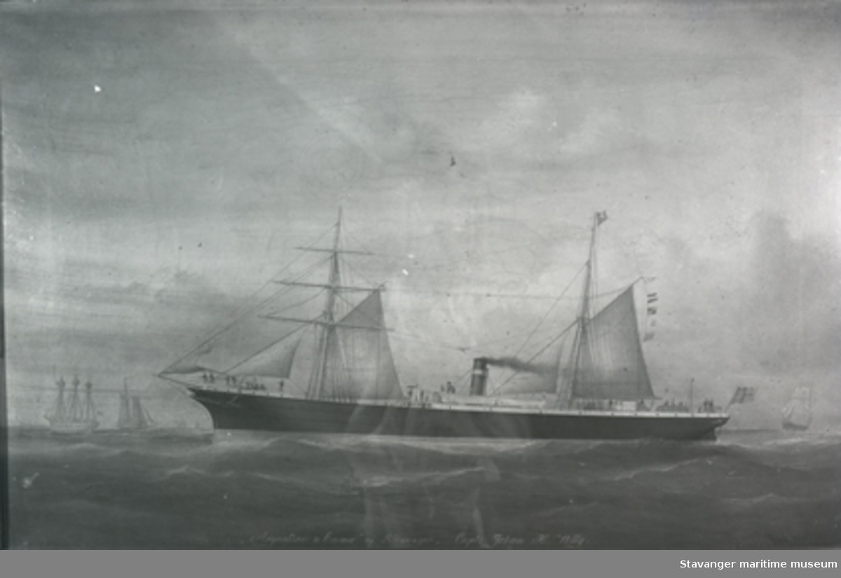 Avfotografert skipsportrett D/S "Argentine & Emma" med seil av Stavanger 1283/755 reg. Bygget i Liverpool 1870. Reder: Thomas S. Falck.
