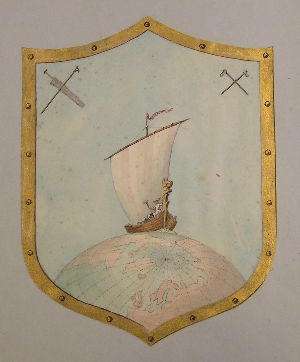 Vikingskip som seiler på en globus og redskap i  hjørene ( issag og hake, hammer til gruvebruk)
Seilskute som seiler på en globus og Kongens signatur i 1666.