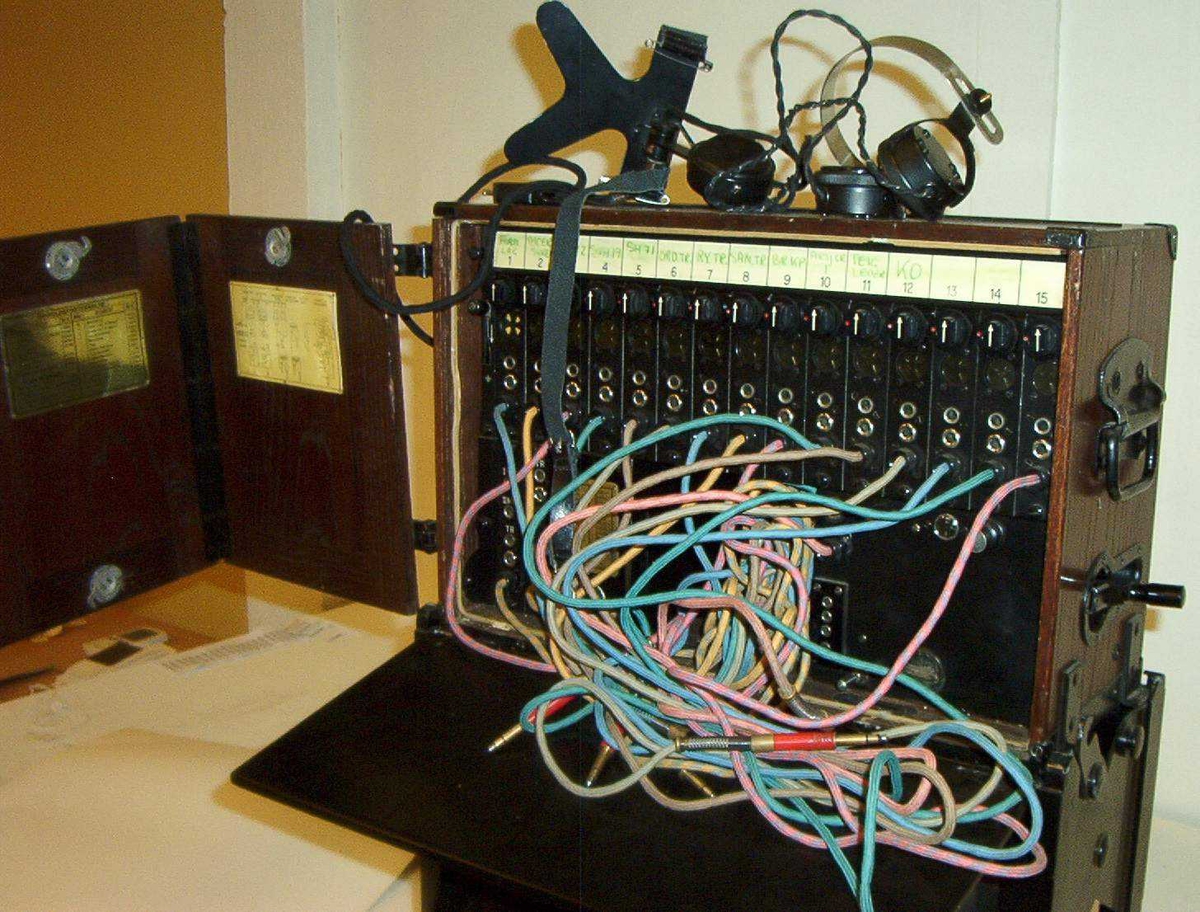 Telefonsentral (feltveksler) av eldre type med ledninger og plugger i grønn transportkasse på fire bein.