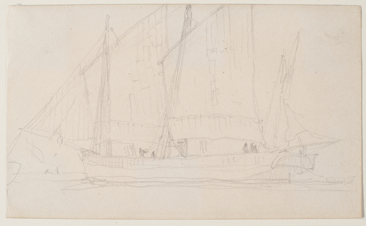 Framsida: Segelfartyg med skonarskrov och 3 loggertriggade master, bb sida. 

Frånsida: Svag kontur, hamnbild med pir och fartygsriggar