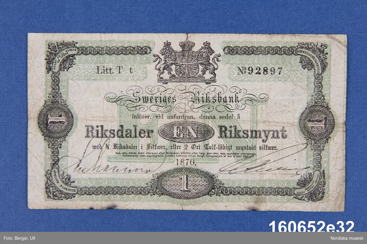 Sveriges Riksbank, 1 riksdaler riksmynt. Daterad 1870, litt T t nr 92897.