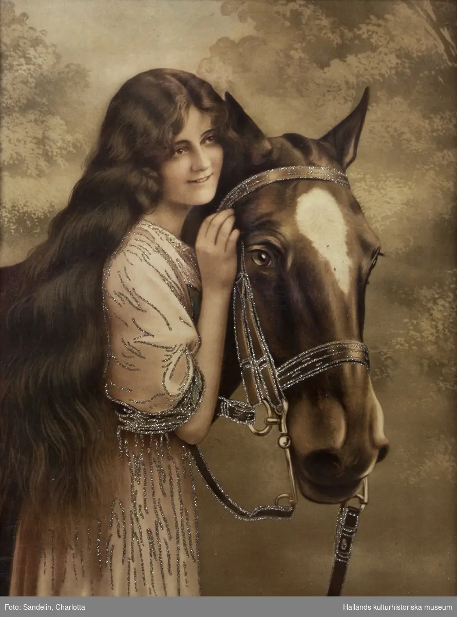 Rektangulär.a) Oljetryck. Flicka med långt hår står och håller om en häst. Färger: Olika nyanser brunt samt silverglitter. Bredd 35 cm, höjd 48 cm. Glasat.b) Ram: trä, ytskikt av gips, brunmålad, med djurornamentik.