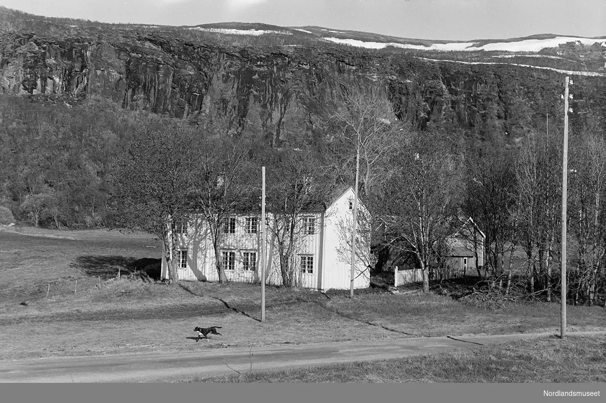 Den gamle fogdegården på Løp ved Bodø. Hovedbygningen, noe av hagen og uthuset.