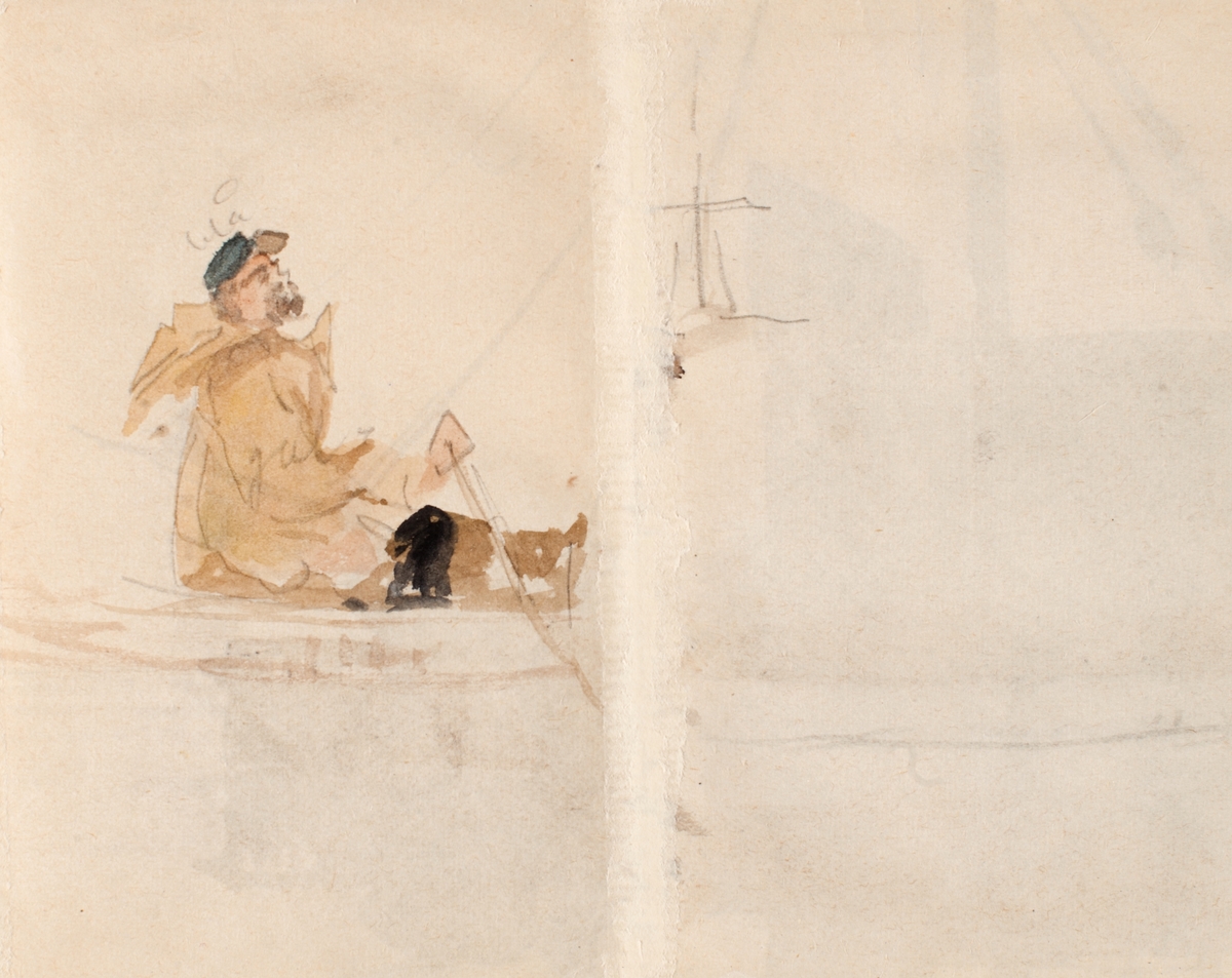 Framsida:  Förskeppet av en jakt, liggande vid en brygga bakom vilken en siluett av en byggnad mot en kran. 

Frånsidan: En man i gula kläder och blå skärmmössa sittande i profil från höger med benen ej synliga ovanför knäna.