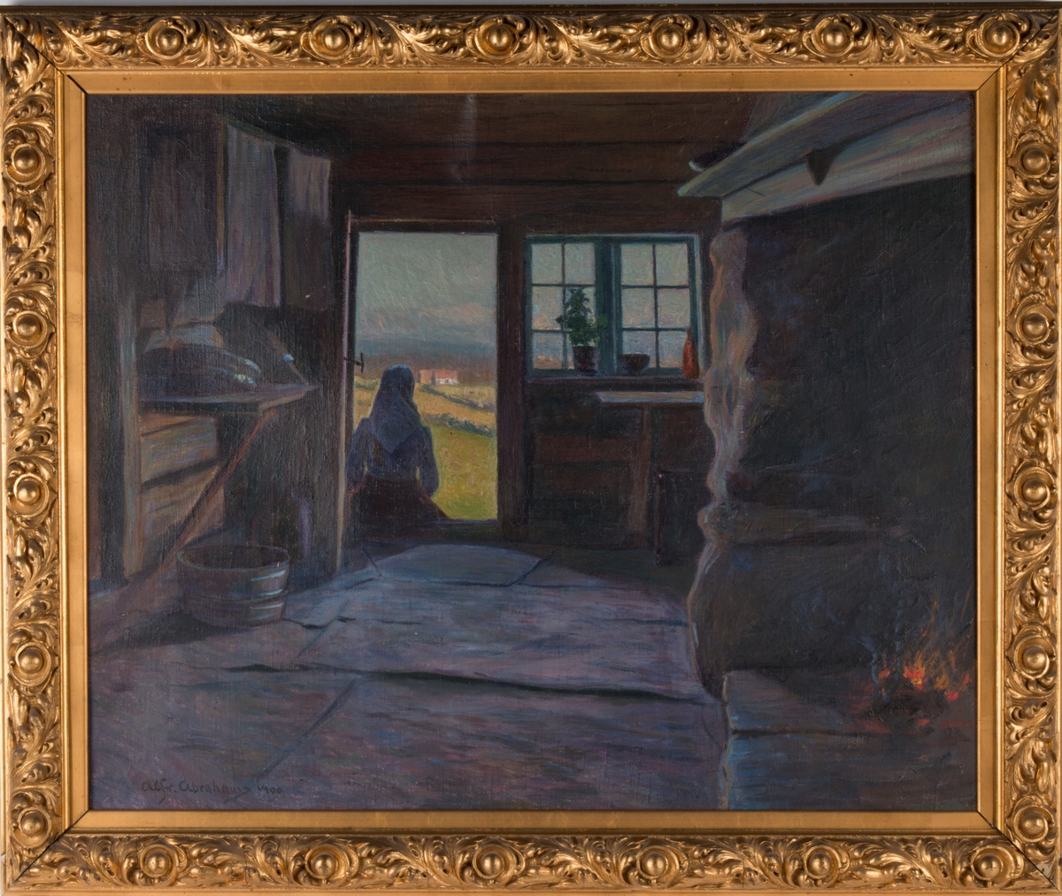 Interiørscene av kvinne som sitter i en døråpning og landskap utenfor