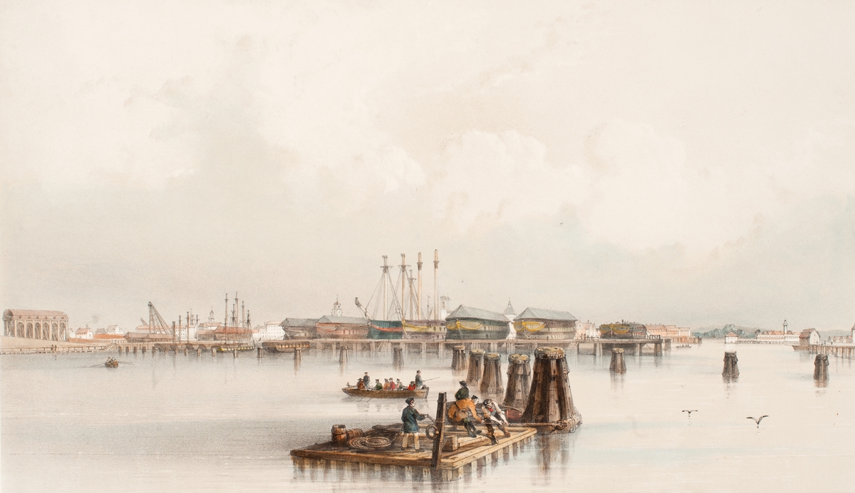 Örlogsvarvet i Karlskrona 1830-t.
I förgrunden män på flotte vid dykdalb. I bakgrunden rad av nedriggade fartyg. Varvsbyggnader skymtar i bakgrunden.