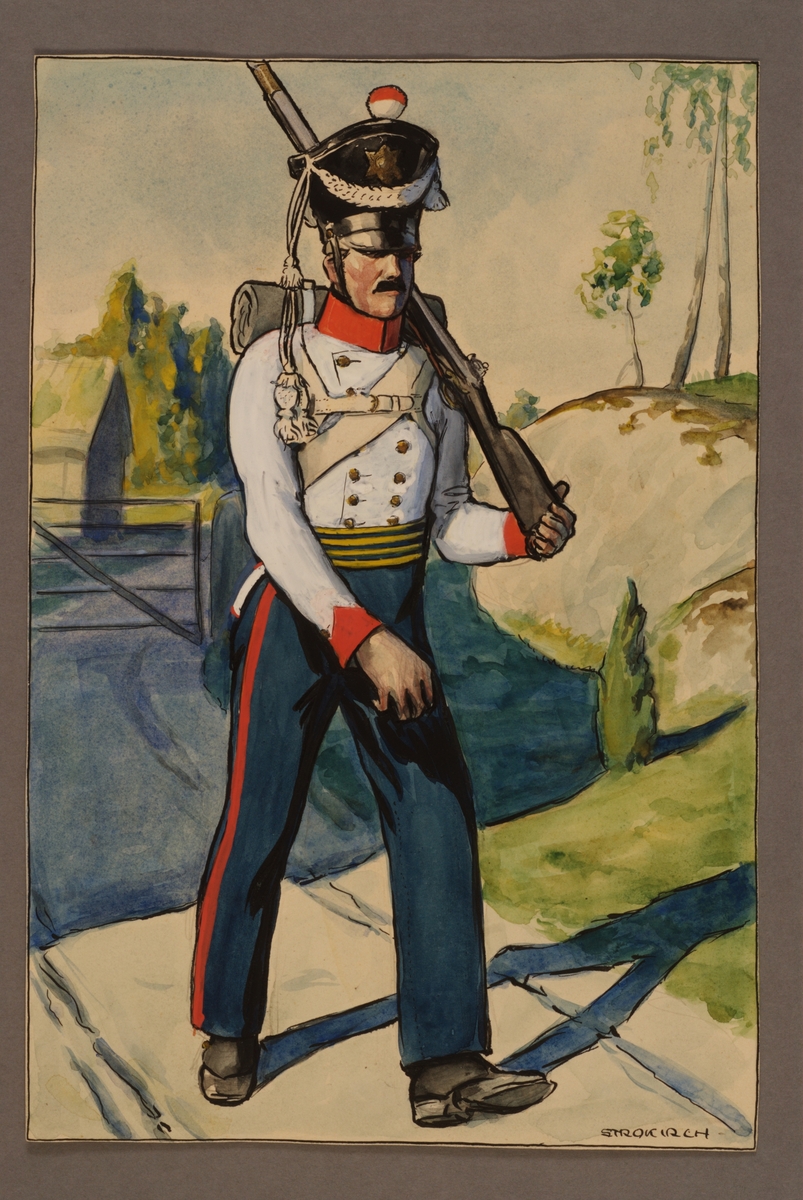 Plansch med uniform för soldat vid Västgöta regemente, ritad av Einar von Strokirch.