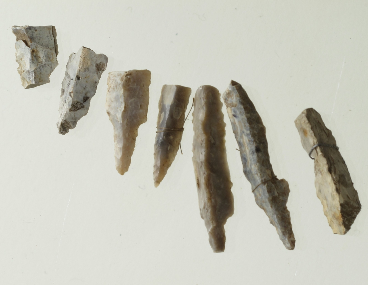 7 fragmenter av tresidige pilespisser av grålig og melkehvit flint, av typen H. Gjessing: Rogalands Stenalder, fig. 174. 

Lengde 2-5,3 cm 

(A. 1772 a, 1785, 1870 a, 2209, 2211).