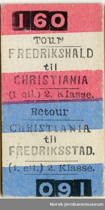 Tur/returbillett Fredrikshald-Christiania, (1. ell.) 2. Kl., ubrukt