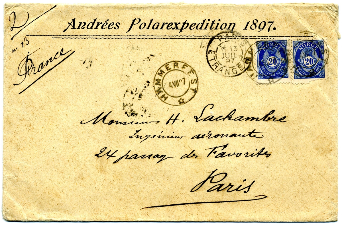 Öppnat kuvert med tryck: "Andrées Polarexpedition 1897", till H Lachambre i Paris. Påskrift i hörnet "no 13". Två st norska postfrimärken á 20 öre.