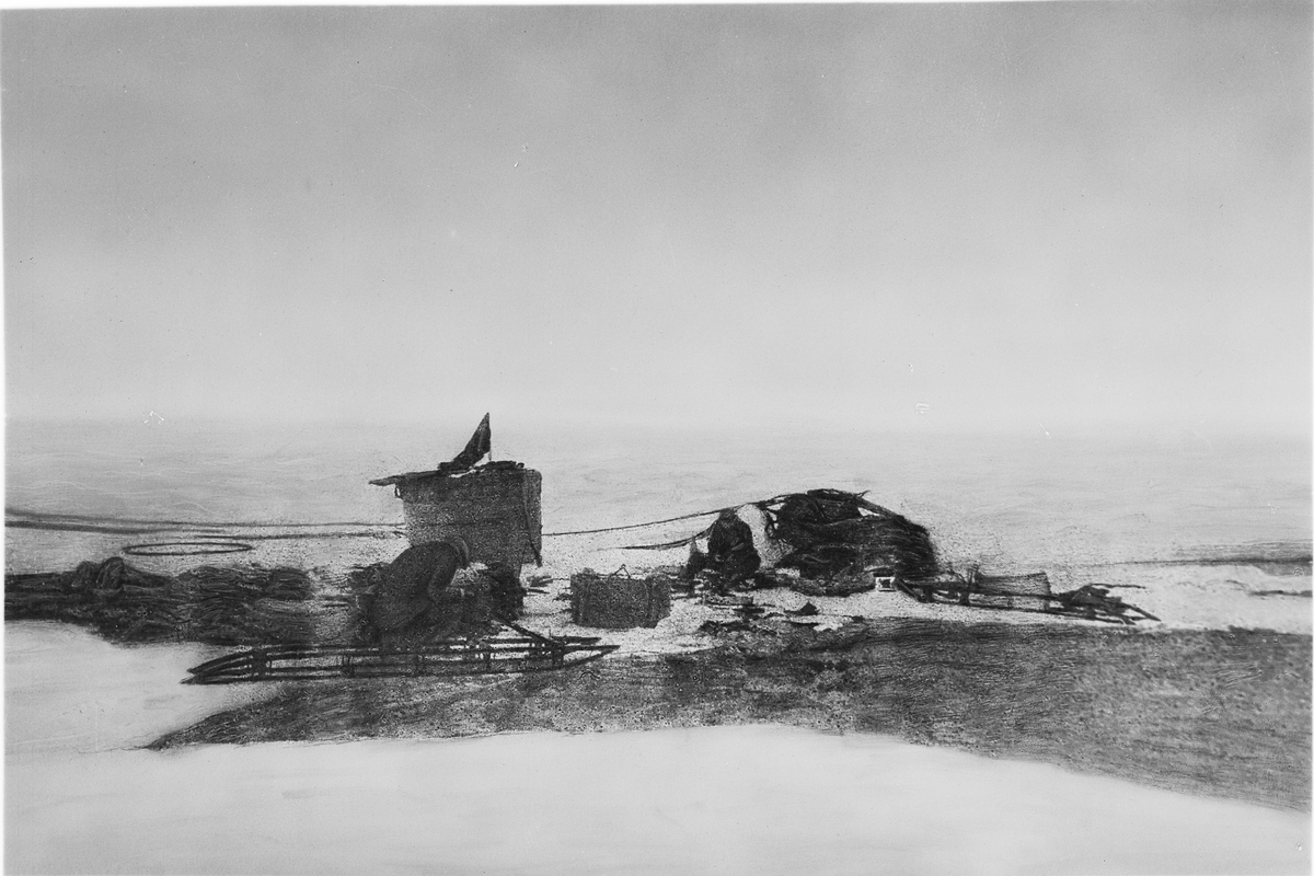 Lägret vid "Örnens" landningsplats. Kälkarna monteras. Framtagning av bilderna gjordes av docent John Hertzberg år 1930 på Fotografi, Tekniska Högskolan.