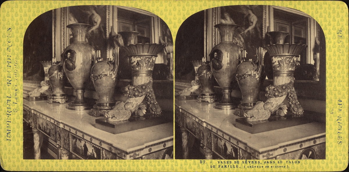 Stereobild av vaser på slottet St. Cloud, Seychellerna.
"57 Vases de sêvres dans le salon de famille (Château de St. Cloud)".