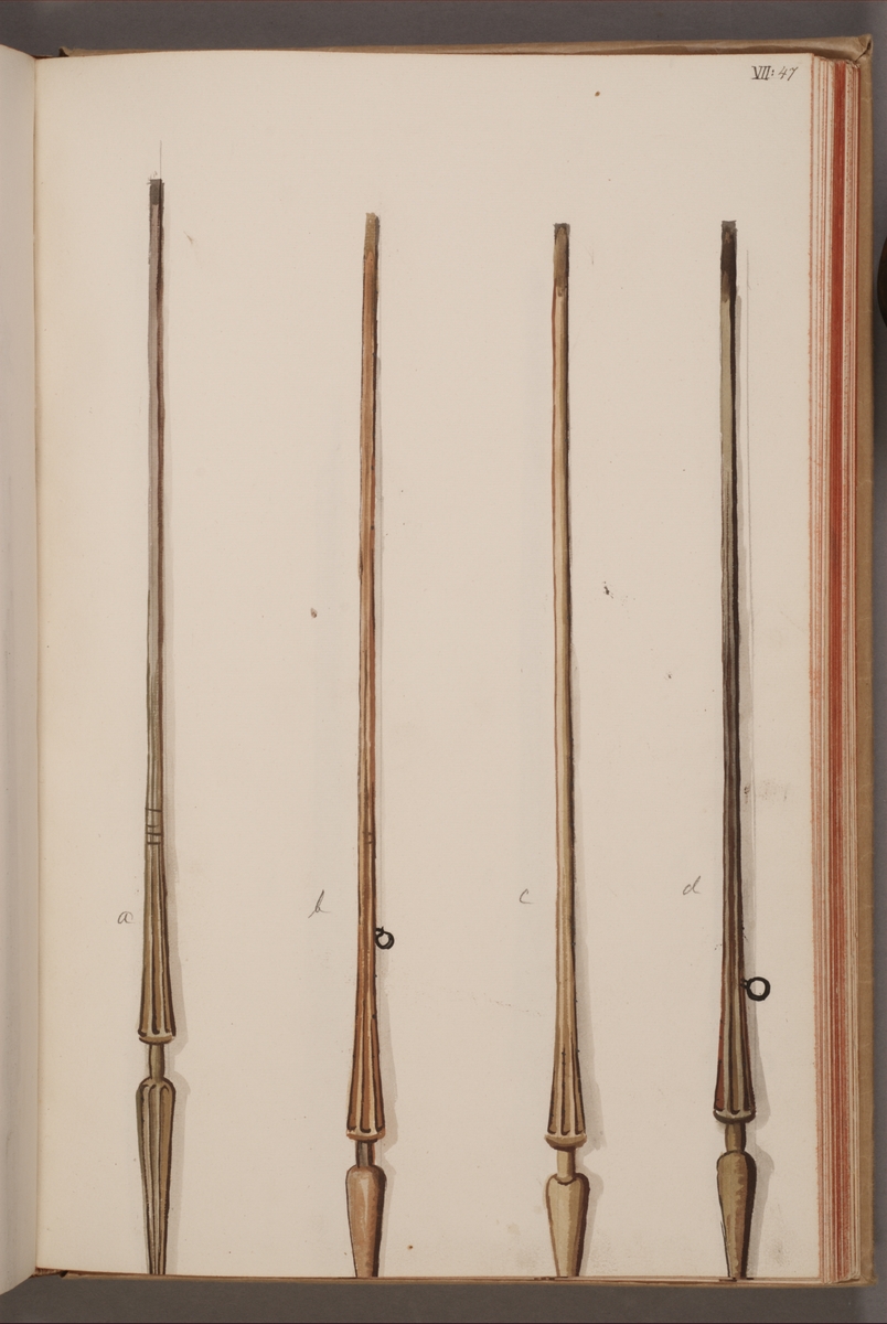 Avbildning i gouache föreställande standarstänger tagna som troféer av svenska armén. De avbildade stängerna finns inte bevarade i Armémuseums samling.