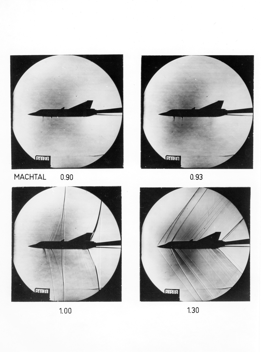 Slirbilder av vindtunnelmodell av flygplan J 35 i skala 1:30.