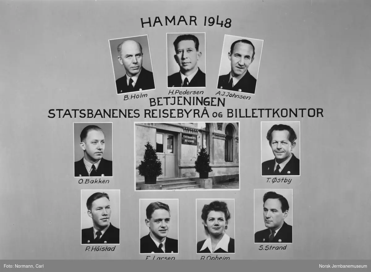 Betjeningen ved Statsbanenes Reisebyrå og billettkontor, Hamar, 1948, fotomontasje