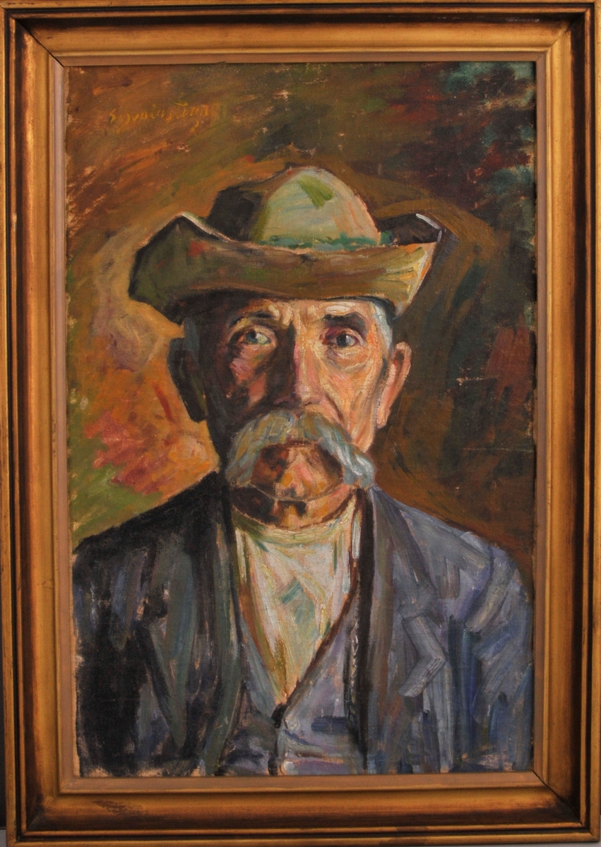 Portrett av eldre mann med bart og hatt.