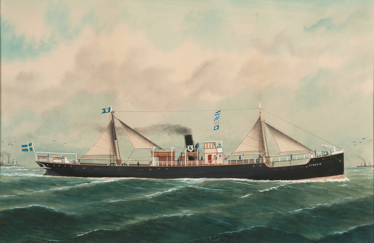 Fartyget visar styrbords sida och förande segel samt svensk flagga.
Bolagsflagg med K på stortoppen. I akterna svensk flagga (efter 1905). Mellan masterna fartygets signal: JNBP