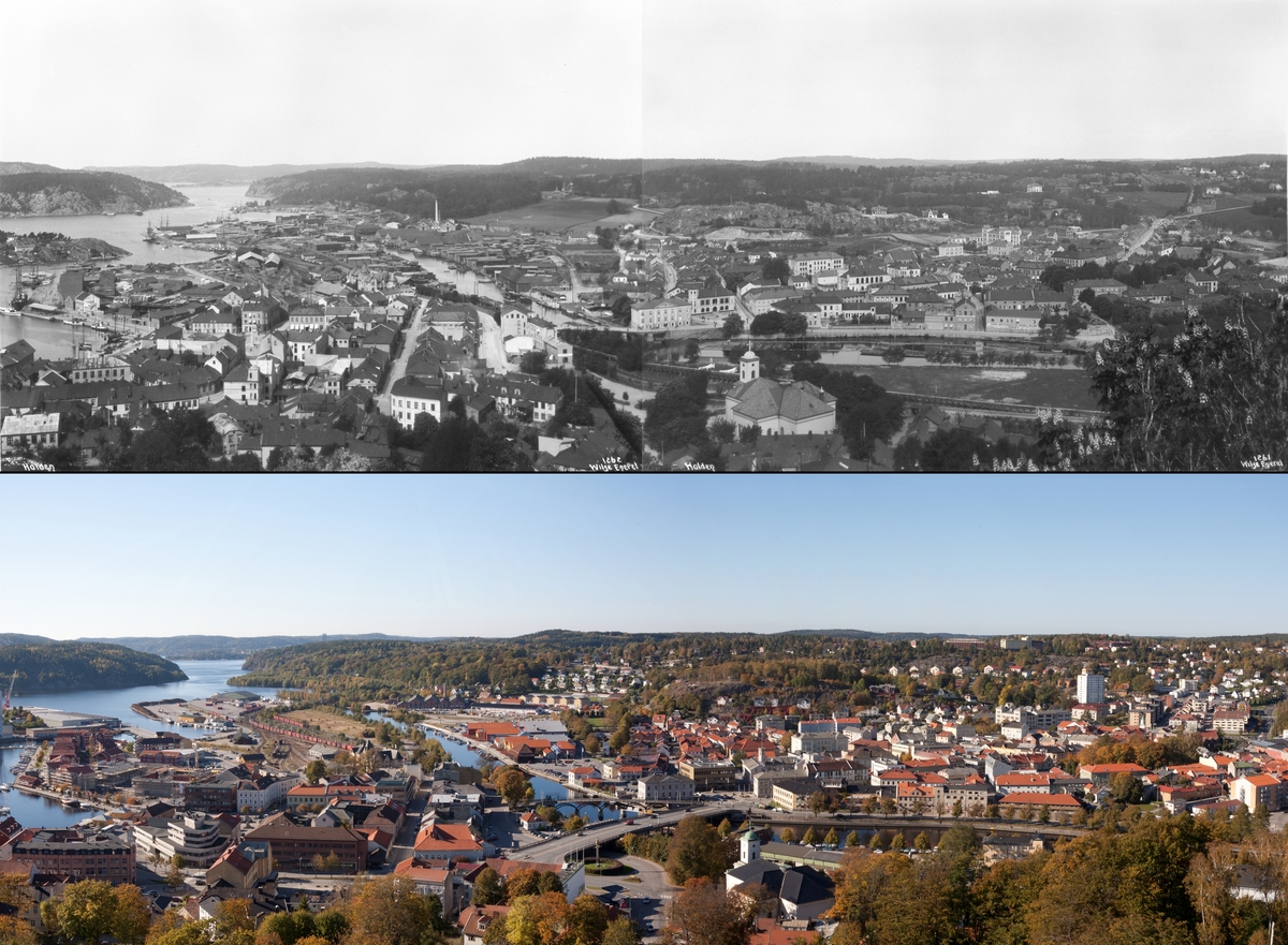 Refotografering. Panoramautsikt over Halden fra Fredriksten festning. Fotografert 1902 og 2007. En del av bebyggelsen er endret, og veier er bygget ut.
