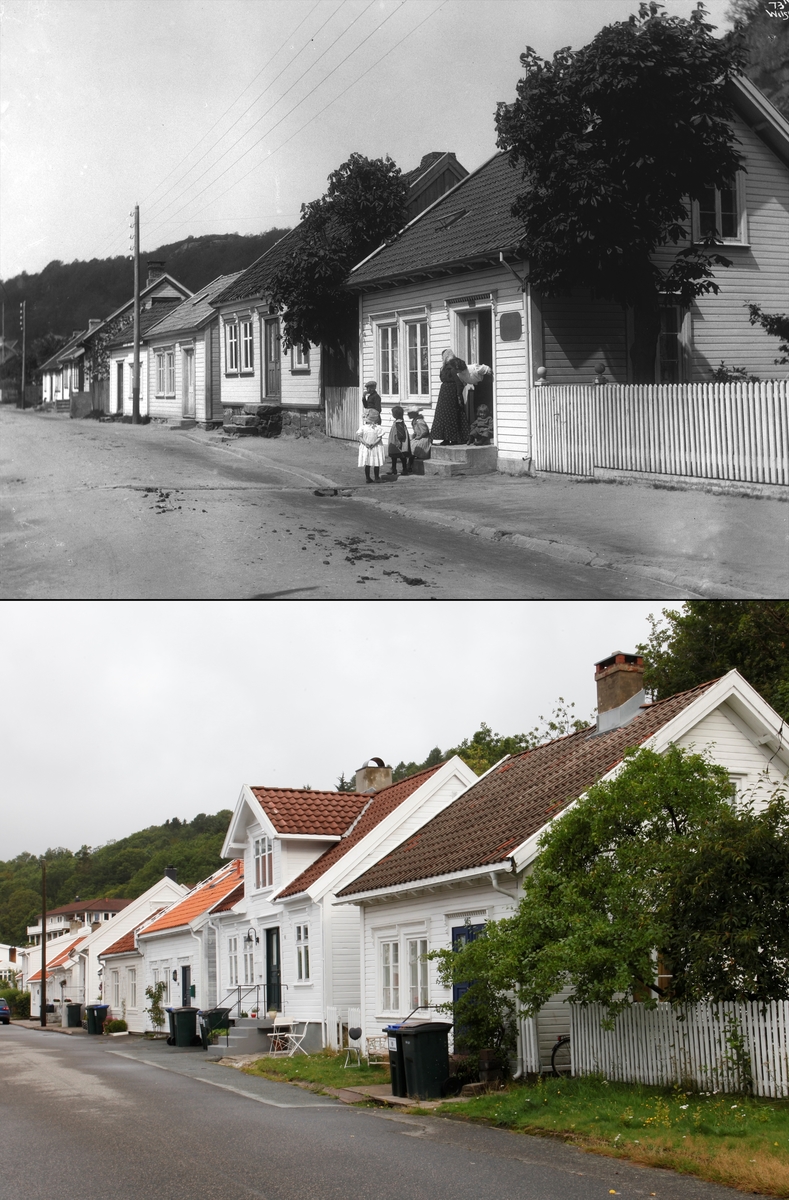 Refotografering. Småhusbebyggelse i Mandal, fotografert 1912 og 2015. En mor med flere barn kommer ut av et hus i småhusbebyggelsen i 1912.