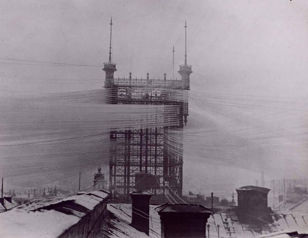Telefontornet i rimfrost, 1890-talet. Stockholms Allmänna Telefon AB.