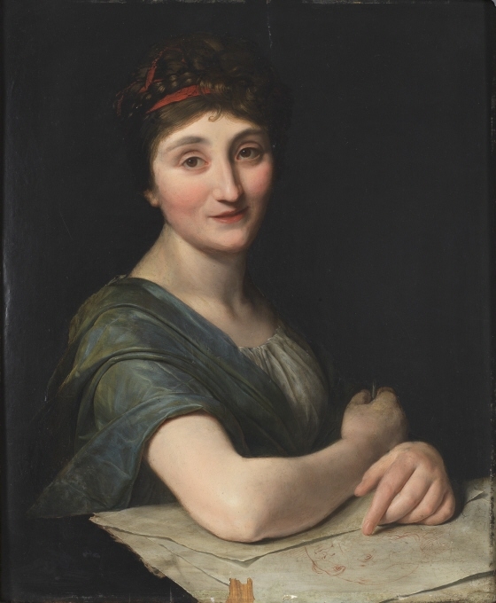 Beskrivning på inventarieblanketten: Målningen föreställer en kvinnlig konstnär med en krita eller ett ritstift en ena handen. På bordet ligger en tecknad porträttstudie. Kommentar: Stilistiskt och måleritekniskt för porträttet tankarna till vissa verk av Abel de Pujol.