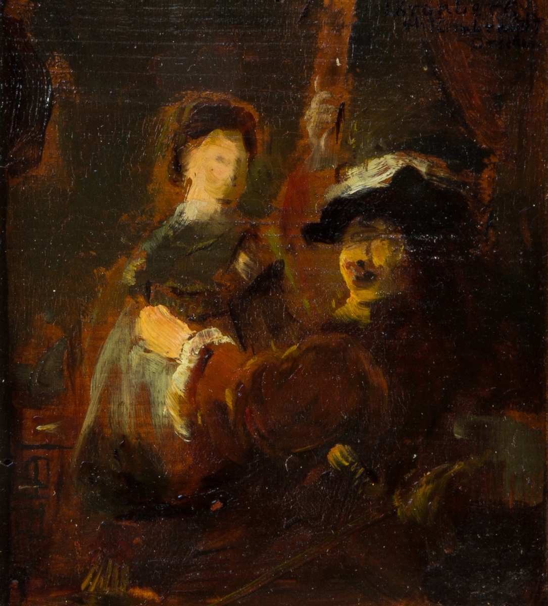 Rembrandt sittande med ansiktet vänt mot betraktaren. I bakgrunden hans hustru Saskia. Skissartat utförande.