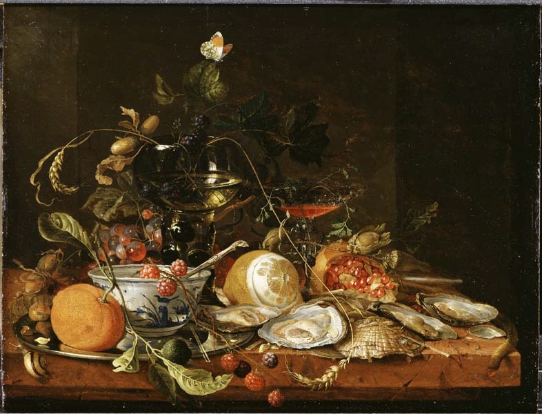 Prunkande stilleben var omtyckta under 1600-talet. Många målades i Holland, men spreds därifrån till andra länder. Ofta blandades som här europeiska och exotiska inslag i arrangemangen. Här syns björnbär, hallon, vindruvor, veteax, ekollon, hasselnötter, granatäpple och ostron. De exotiska inslagen – apelsiner, en citron och en kinesisk skål – vittnar om tidens kontakter med fjärran länder. Här skymtar också en snigel och en fjäril – inslag som ibland tolkats som symboler för vissnande och död.