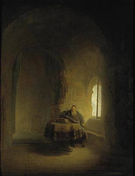 I ett välvt rum sitter en gammal man vid ett bord och läser.  Motivet har tolkats som Anastasius – en av kyrkofäderna –i  sin studerkammare. Från höger strömmar dagsljus in genom fönstret och från vänster faller ett svagare ljus in genom dörröppningen. Kammarens ljusdunkel och spelet mellan olika ljuskällor har stora likheter med Rembrandts konstnärskap. Tidigare har målningen betraktats som ett av hans mästerverk, men anses idag vara utfört av en annan konstnär.