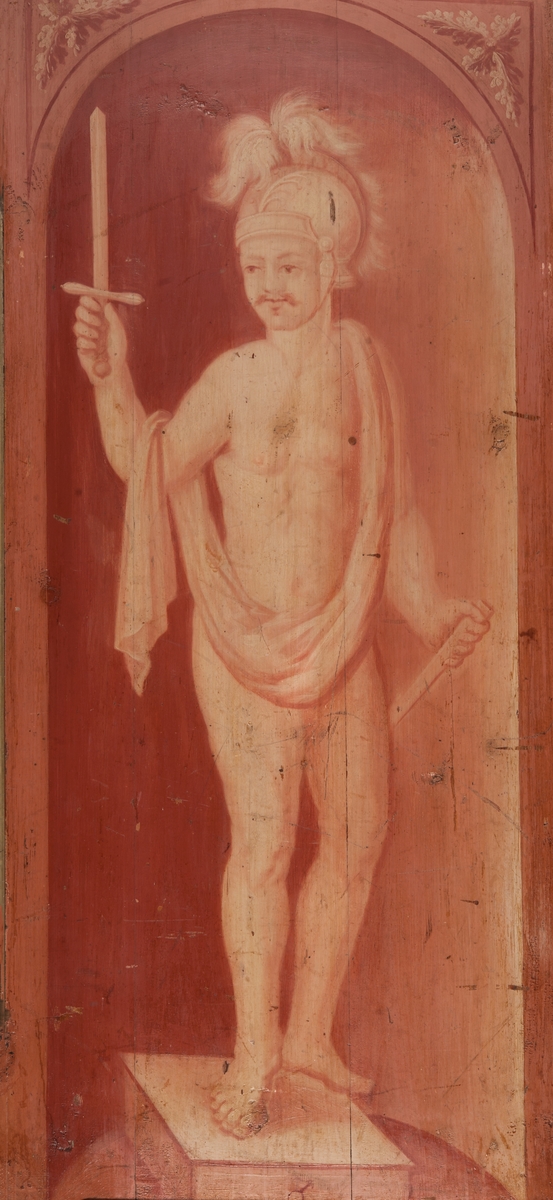 Mytologiskt motiv i röd sepia. Helfigur av Apollo med svärd och hjälm