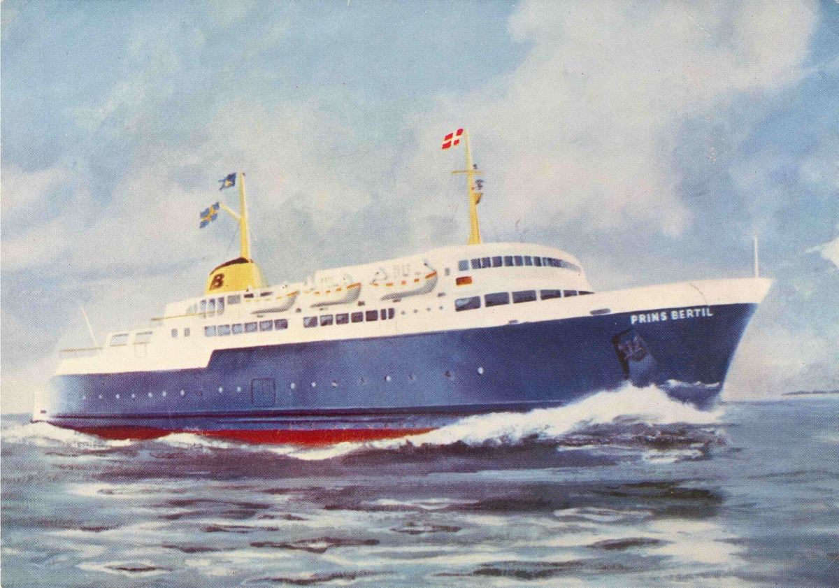 Ångfartyget MS Prins Bertil, tog 900 passagerare och 90 bilar. Hon gick i daglig trafik mellan Halmstad och Århus.