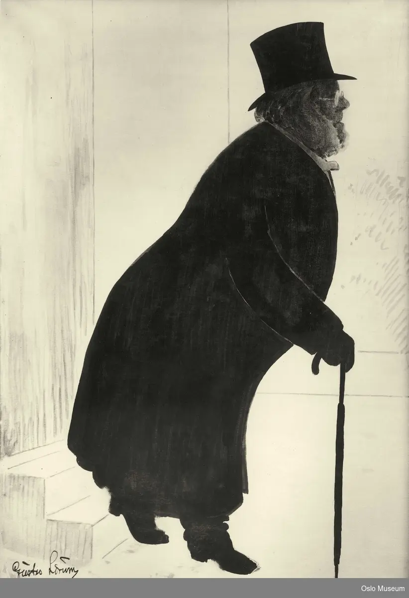 karikatur, mann
Gående ut av sitt hjem. Hel høyre profil, iført frakk og sylinderhatt, støtter seg til paraply i høyre hånd.