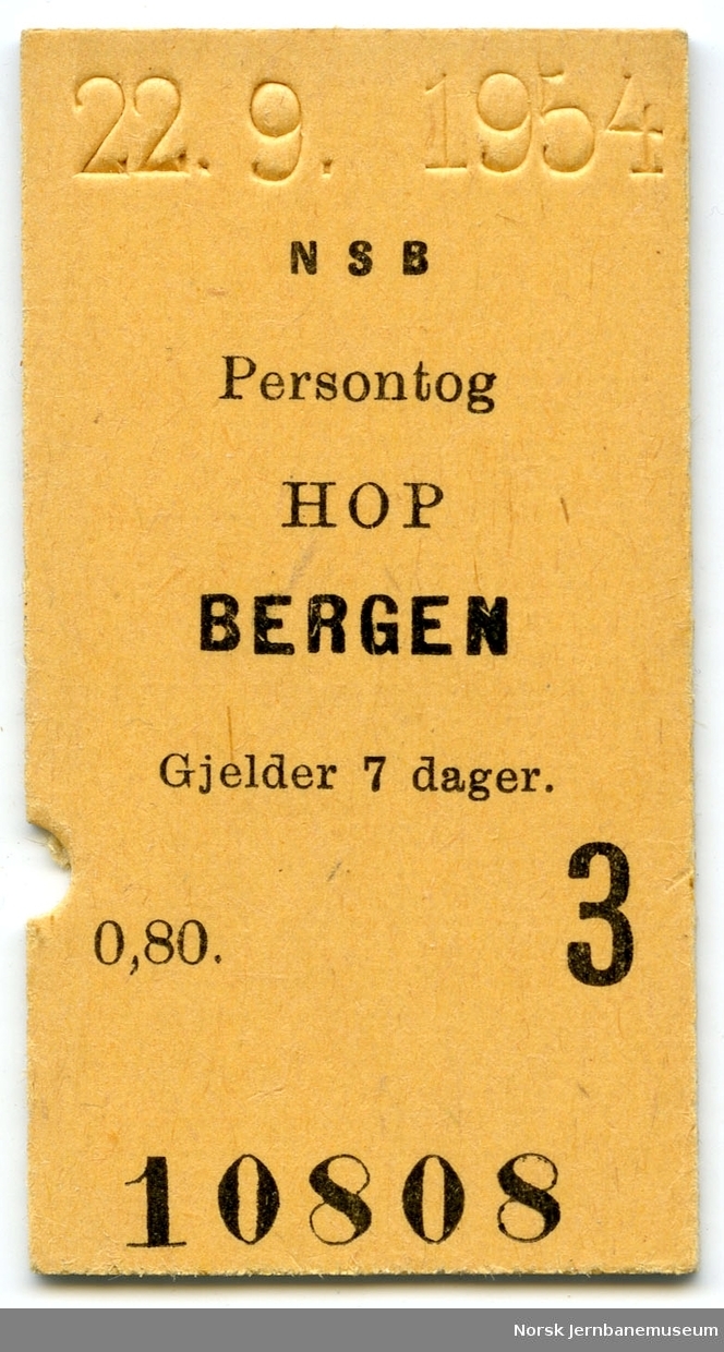 Billett persontog Hop-Bergen, 3. klasse