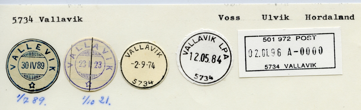 Stempelkatalog Vallavik (Vallevik), Voss, Ulvik, Hordaland