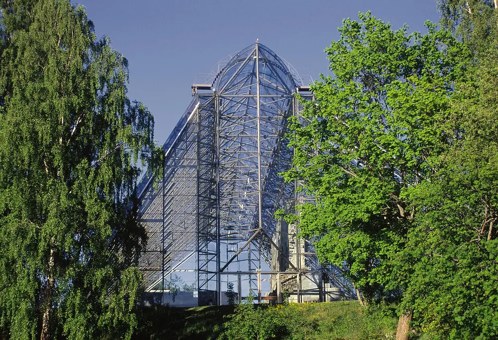 Glass cathedral seen from the west looks like a tent.