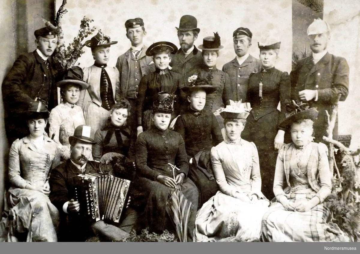 17 staselig kledte menn og damer, her fotografert etter en tur på Kvernberget 25. juni 1890. Dette etter tekst påført baksiden av bildet. Fotograf er Ole Olsen Ranheimsæter. Fra Nordmøre Museums fotosamlinger.
