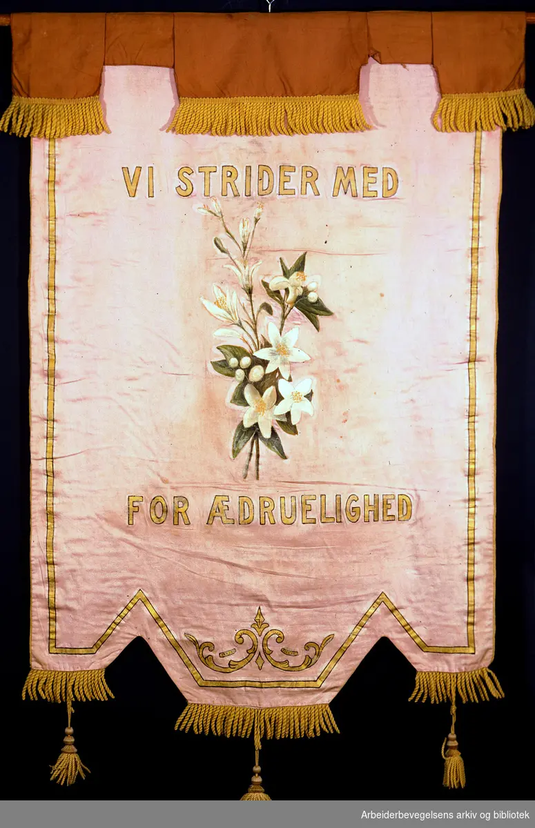 Kristiania bryggearbeideres totalafholds barneforening.Stiftet 1902..Bakside..Fanetekst: Vi strider med for ædrulighed