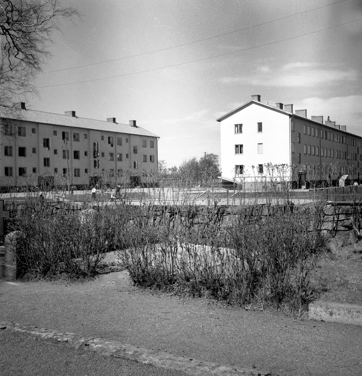 Fotografen står inne på gamla kyrkogården i riktning mot 2 nybyggda hyreshus på Malménsgatan.
