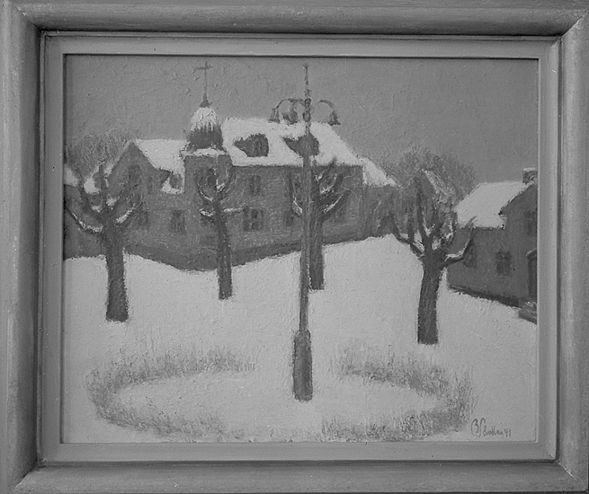 "Efter snöfallet", tavla av Börje Såndberg.
Utställning, Börje Såndberg.