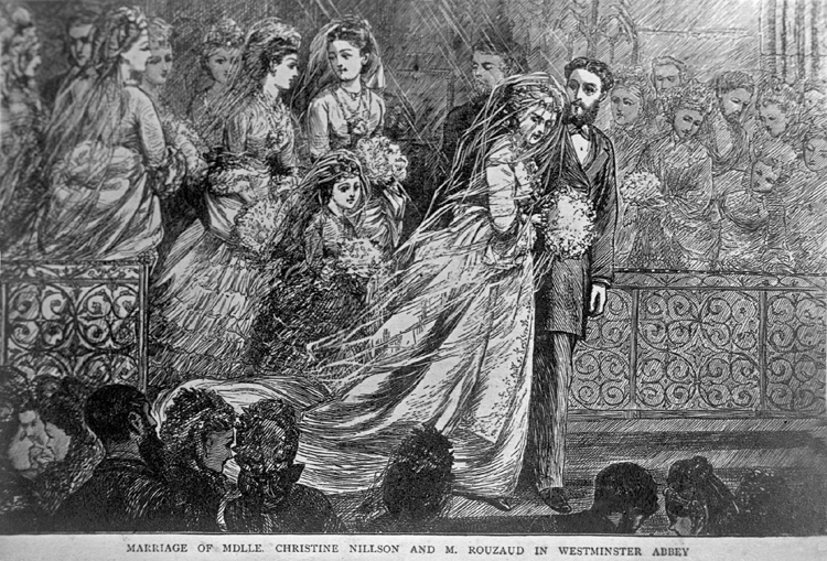 Litografi från Christina Nilssons bröllop med Auguste Rouzaud, i Westminster Abbey 1872.