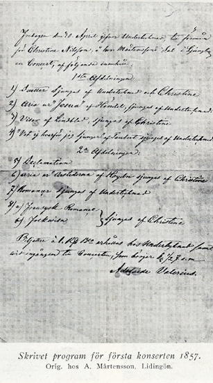 Foto av handskrivet programblad för första konserten 1857.