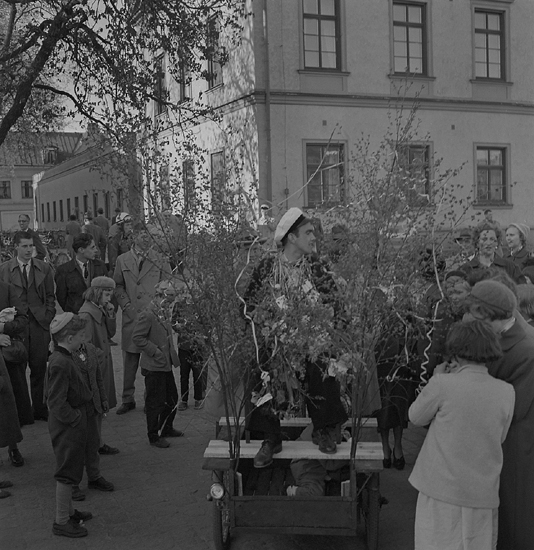 Studenterna, 1956. 
En student skjutsas hem på lövad kärra. I bakgrunden syns Residenset m.m.