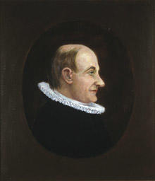Portrett av eidsvollsmann og prest Georg B. Jersin  Mann med tynt hår, høy panne, profil, lang nese, prestekledd, innskrevet i oval. (Foto/Photo)
