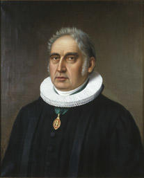 Portrett av Hans Jacob Stabel. Prestekjole og pipekrave. Medalje eller orden i grønt bånd rundt halsen.. Foto/Photo
