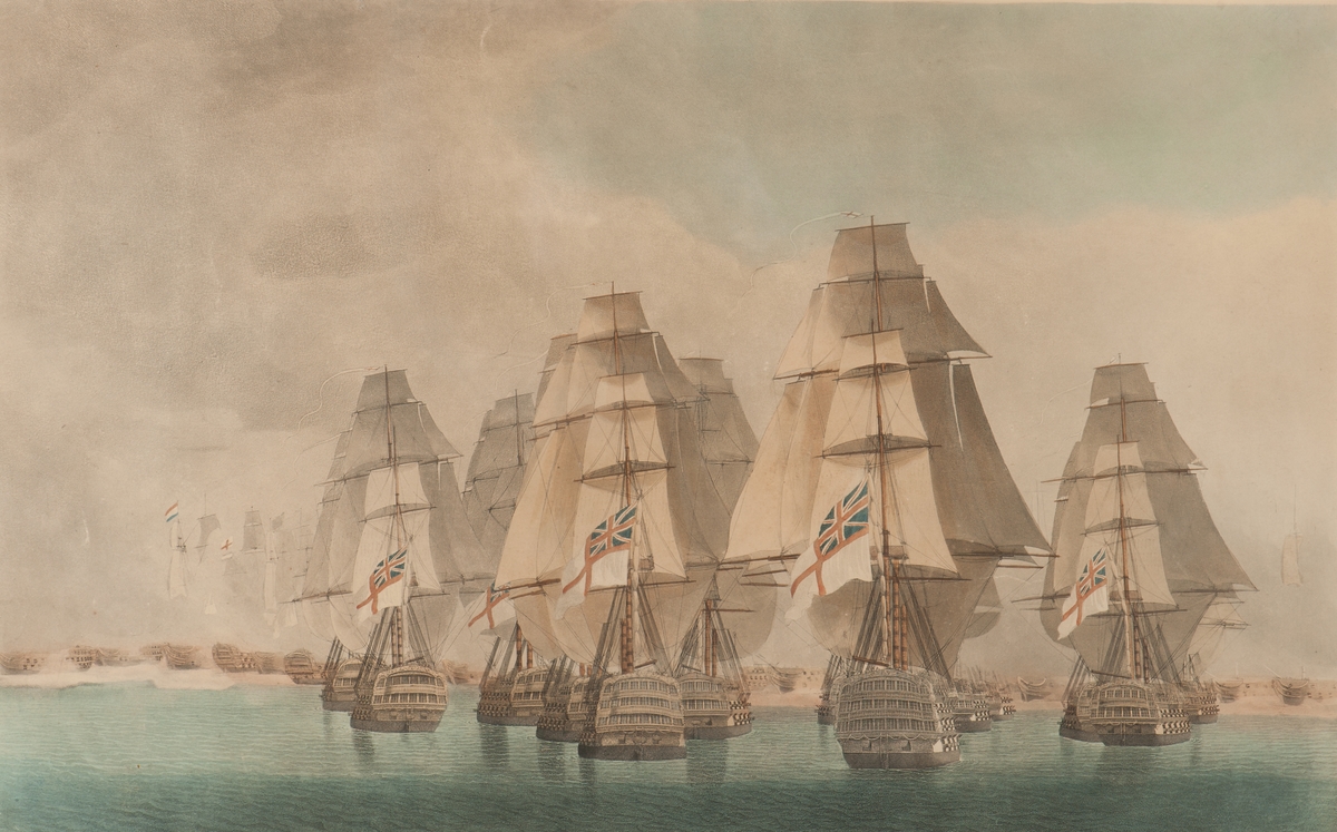 Slaget vid Trafalgar. Engelska linjeskepp, sedda akter i från. I bakgrunden franska och engelska skepp i strid.