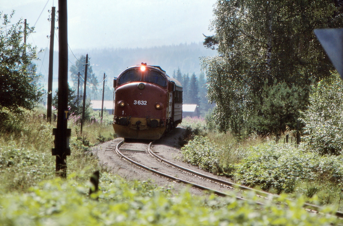 NSB persontog 281 Oslo S - Fagernes på vei mot Dokka. Dieselelektrisk lokomotiv Di 3 632 trekker toget.