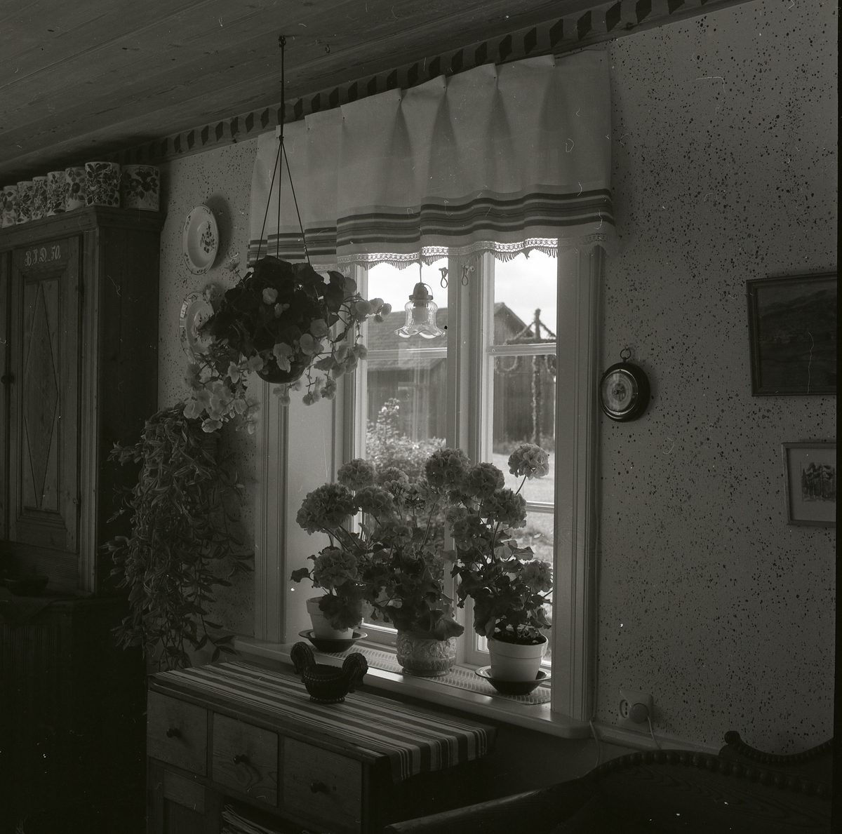 Blommor så långt ögat kan nå, oavsett om blicken riktas inåt eller utåt i detta köksfönster. Utanför fönstret fröjdas sommarens blomster och midsommarstången står fortfarande kvar denna julimånad 1979. Innanför fönstret pryder blommorna fönstersmygen samtidigt som de hänger i amplar från tak och vägg. Blommorna är inte det enda som pryder rummet; dukar, gardiner och målade skåp bidrar också till en ombonad stämning.