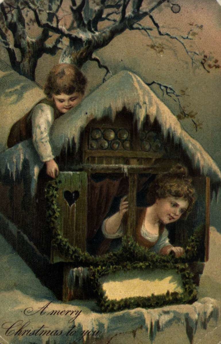 Julekort. Julehilsen. Lekestue i snødekt landskap. To lekende barn. På forsiden: Engelsk tekst.