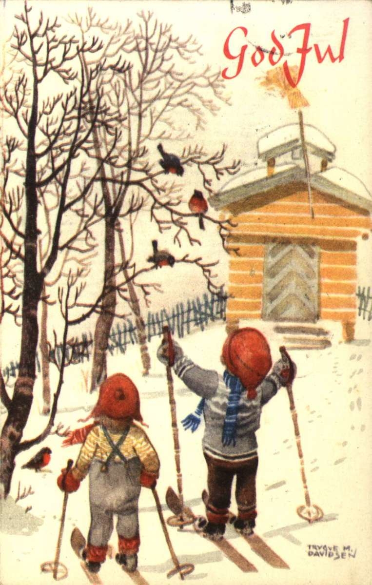 Julekort. Jule- og nyttårshilsen. Gårdstun med stabbur og trær. To barn på ski i forgrunnen. Illustrert av Trygve M. Davidsen. Stemplet 21.12.1959.