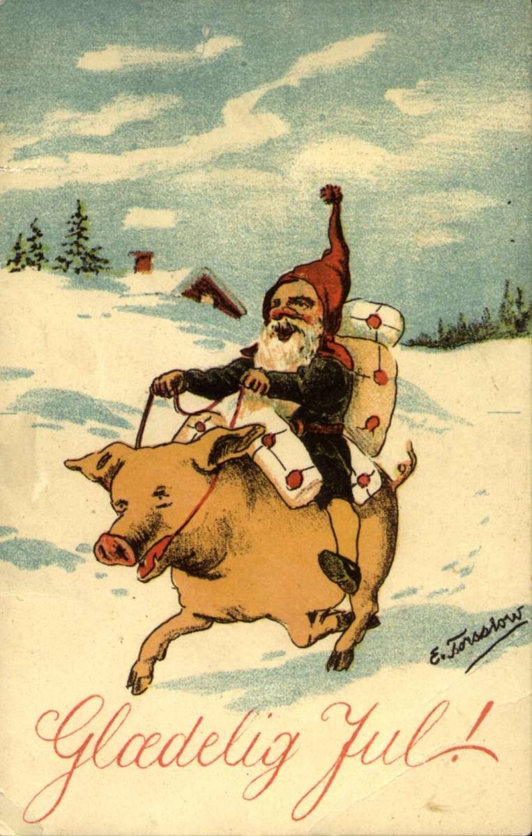 Julekort. Jule- og nyttårshilsen. Vinterlandskap. Julenisse med pakker rir på en gris. Illustrert av Einar Torsslow (1867-1932). Datert julen 1920.